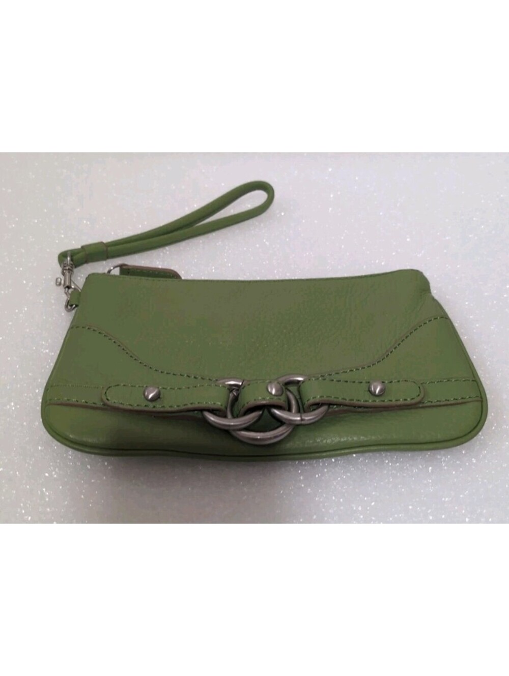 Green Leather Wristlet Clutch Purse with Silver Hardware
